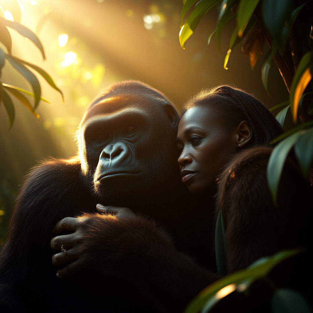 Gorilla and Human Share a Moment in Jungle