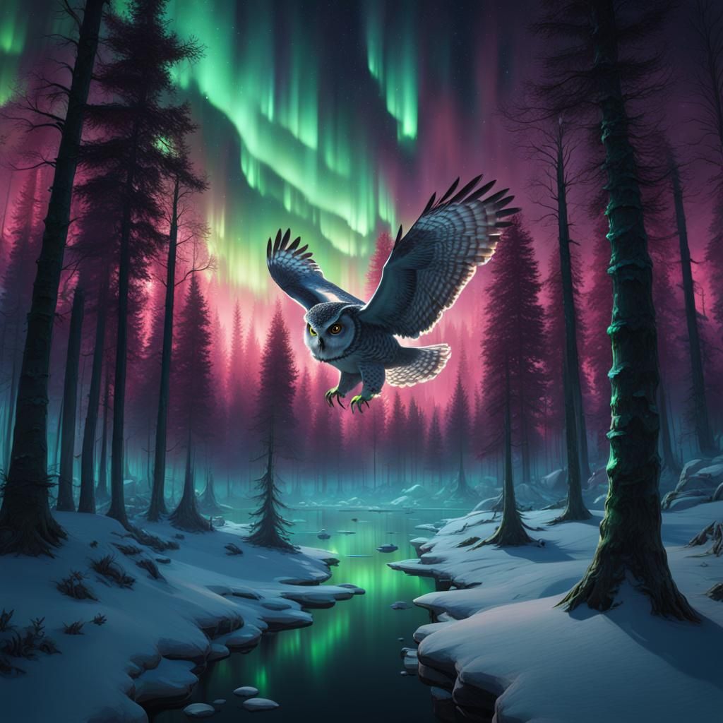 Owl's Night Flight Through Haunted Forest