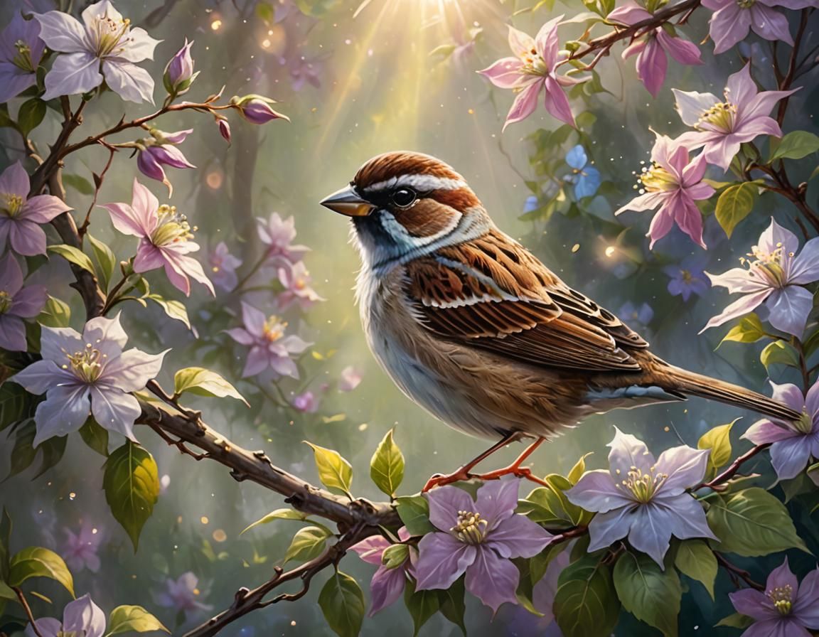 Sparrow and Clematis Flowers in Ethereal Lighting