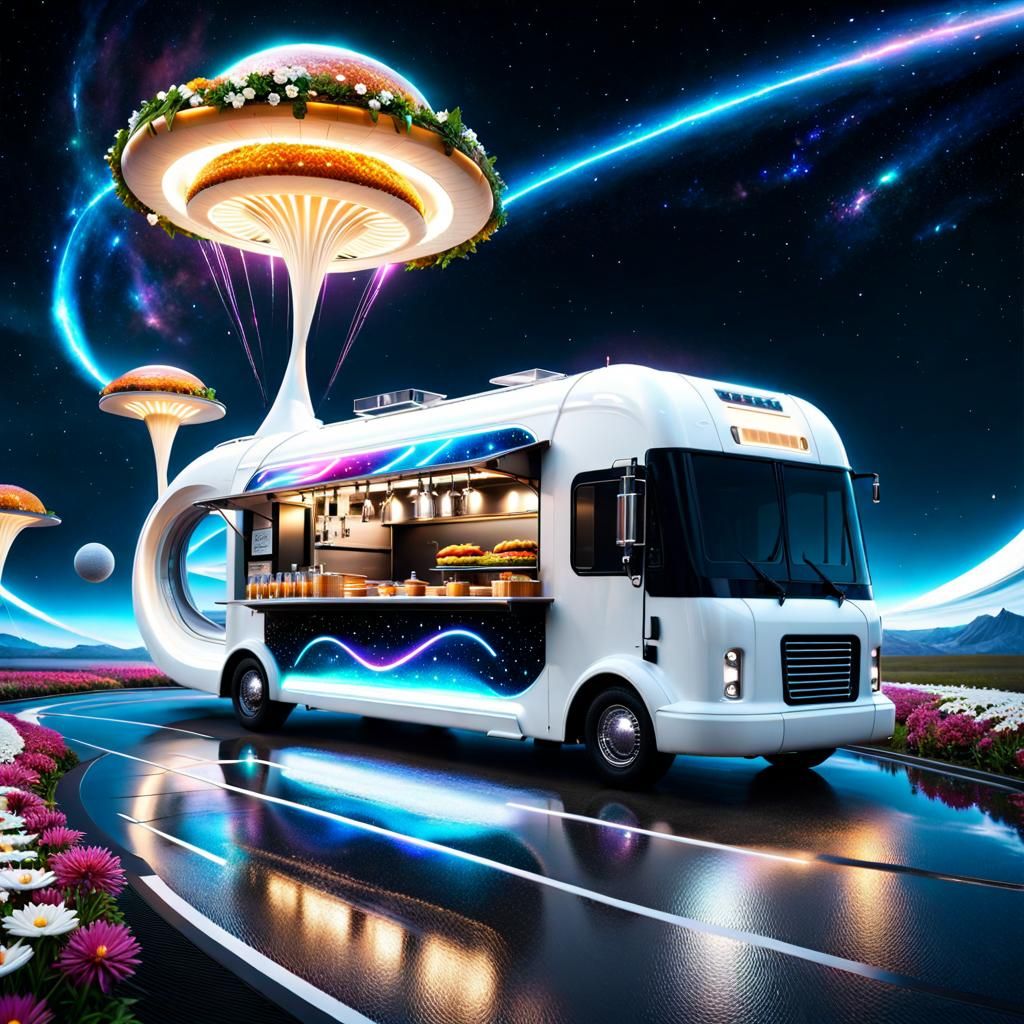 Futuristic Food Truck Floating Through Space
