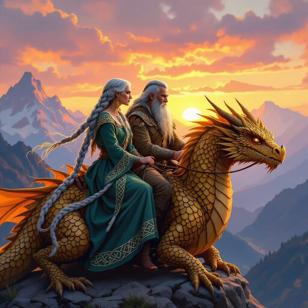 Celtic Couple Rides Golden Dragon at Sunset