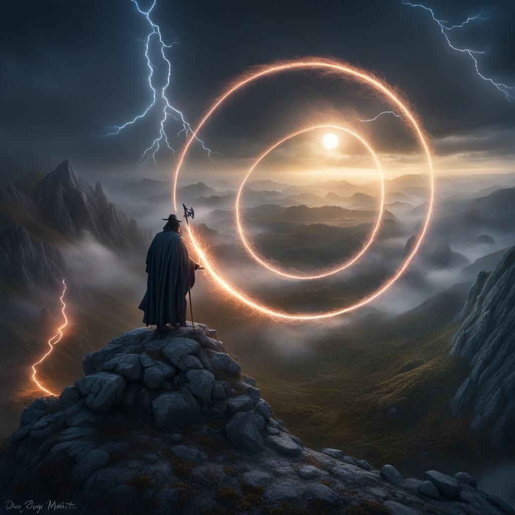 Mysterious Wizard Casting Spell on Misty Mountain