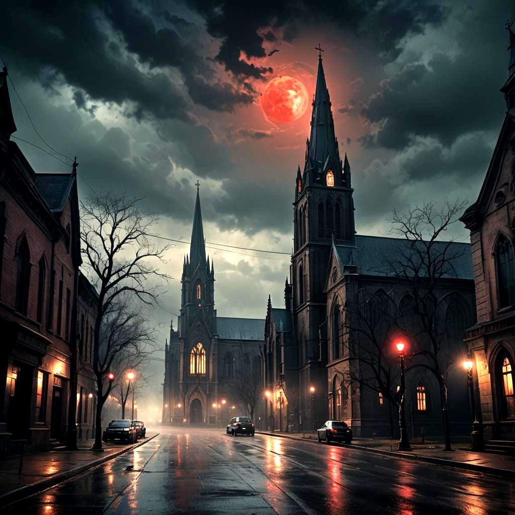 Gothic Church Under a Sinister Blood Moon