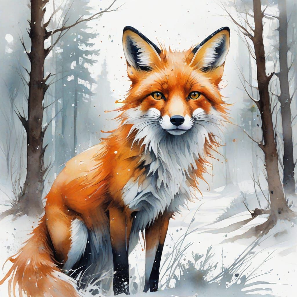 Whimsical Watercolour Snowy Fox in Forest Landscape