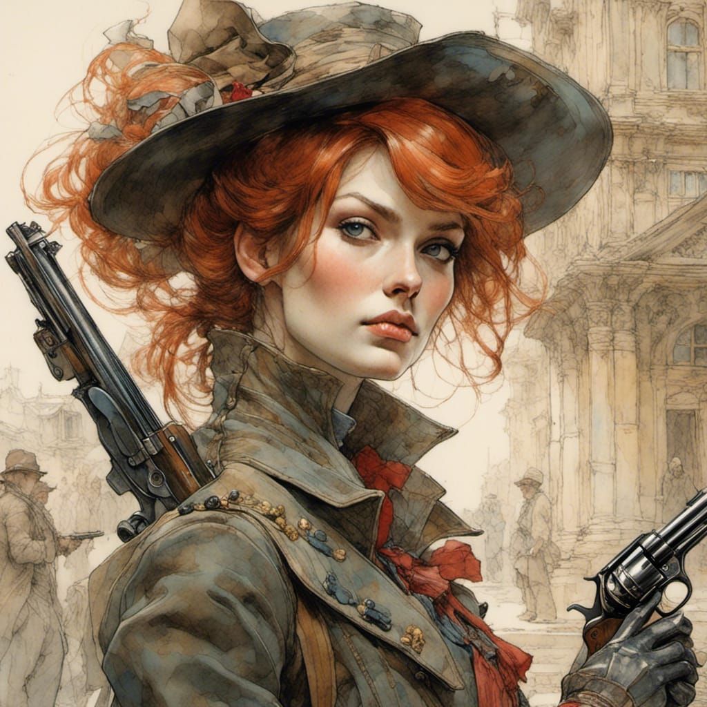 Musketeer Woman with Revolver, Art Nouveau Drawing