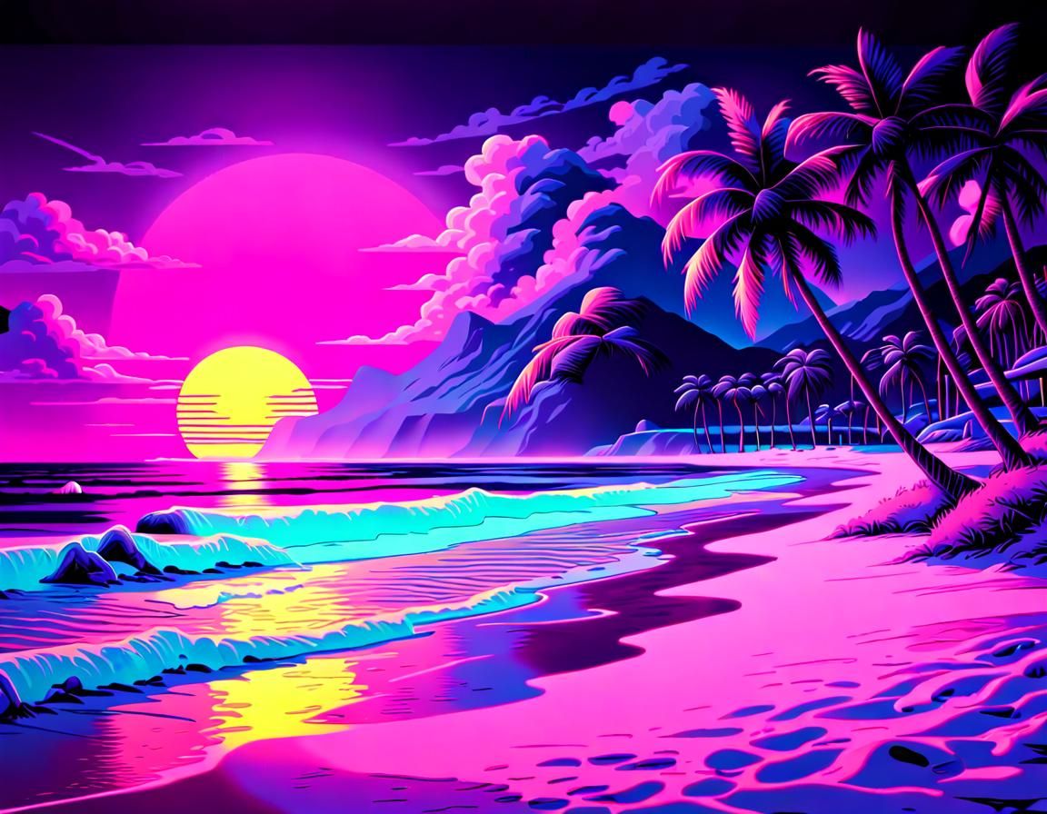 Vaporwave Beach Landscape in Fluorescent Colors