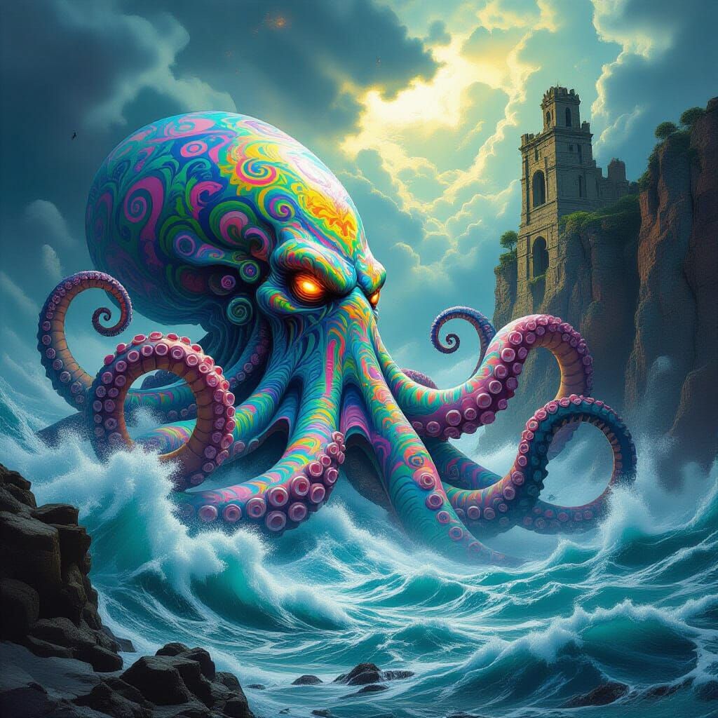 Colossal Kraken Emerges from Stormy Sea Towards Ancient Ruin...