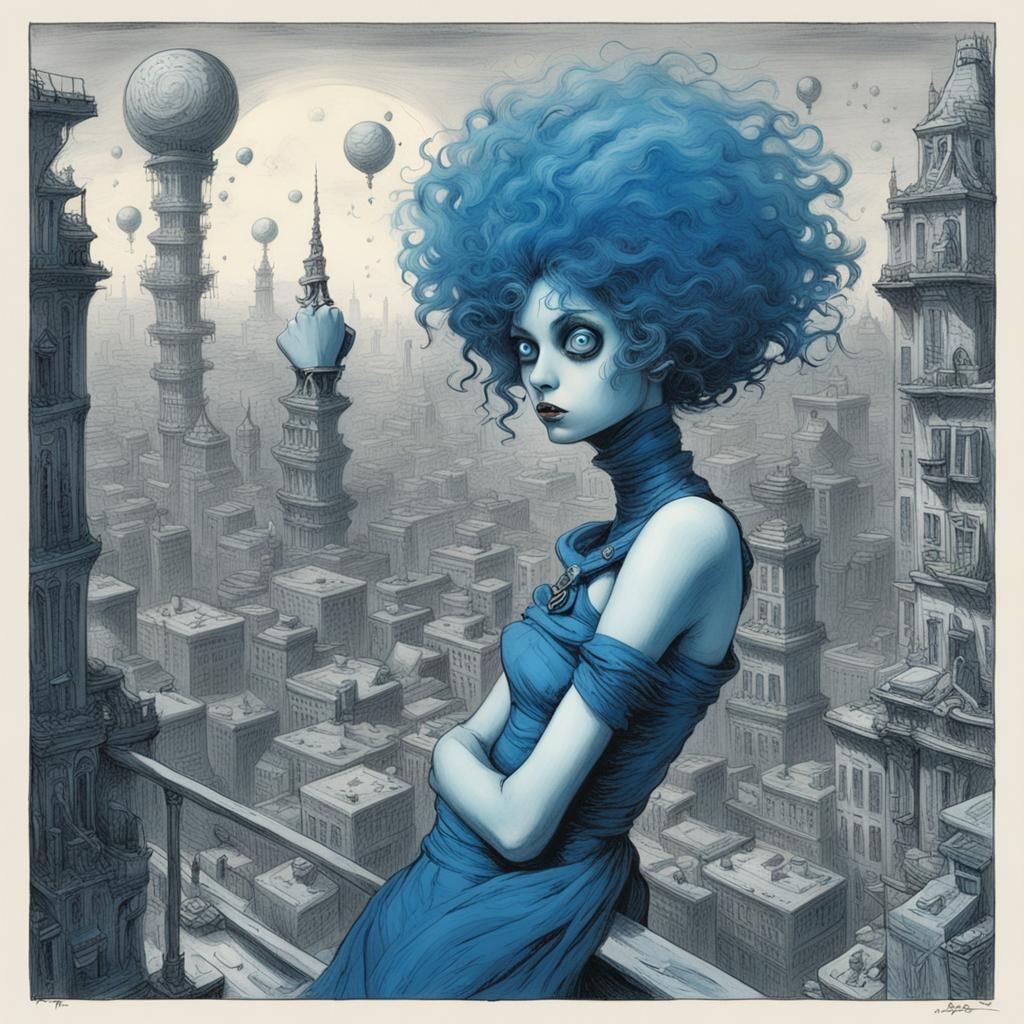 Blue Girl in Futuristic City, Burtonesque