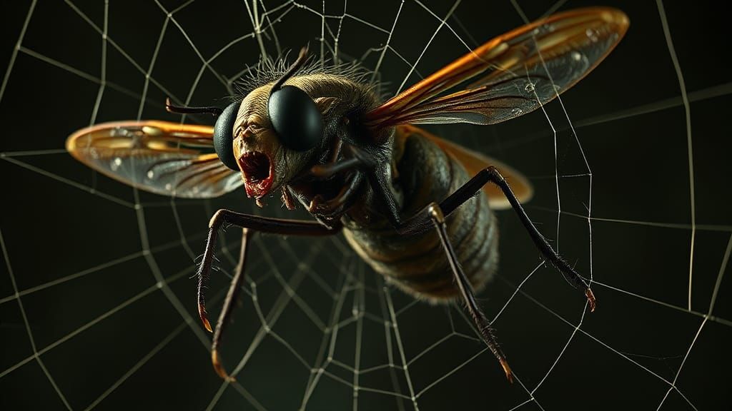 Grotesque Man-Fly Hybrid Trapped in Web