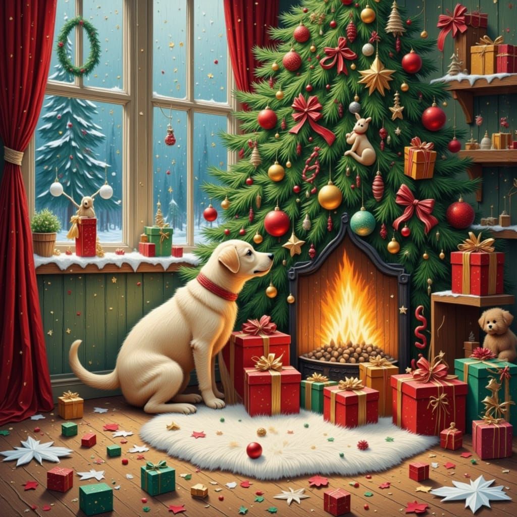 Labrador Puppy Sniffing Presents Under Christmas Tree