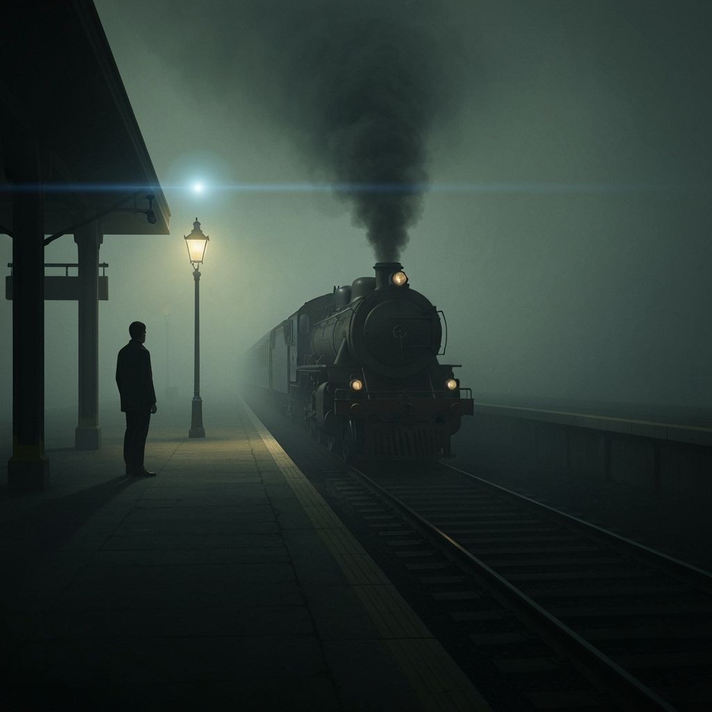 Solitary Figure on Foggy Platform in Moody Oil Painting