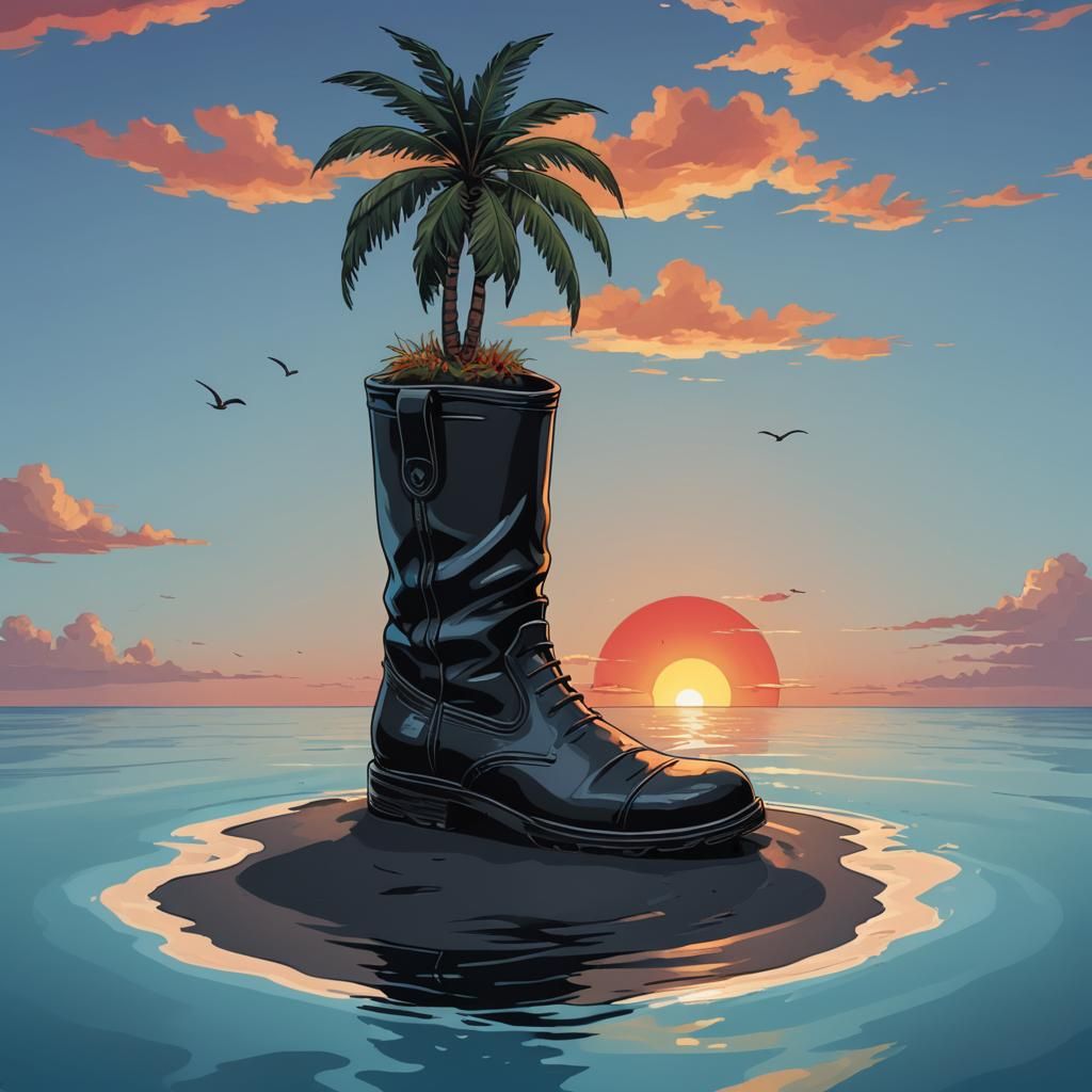 Cartoon Boot Adrift in Blue Ocean at Sunset