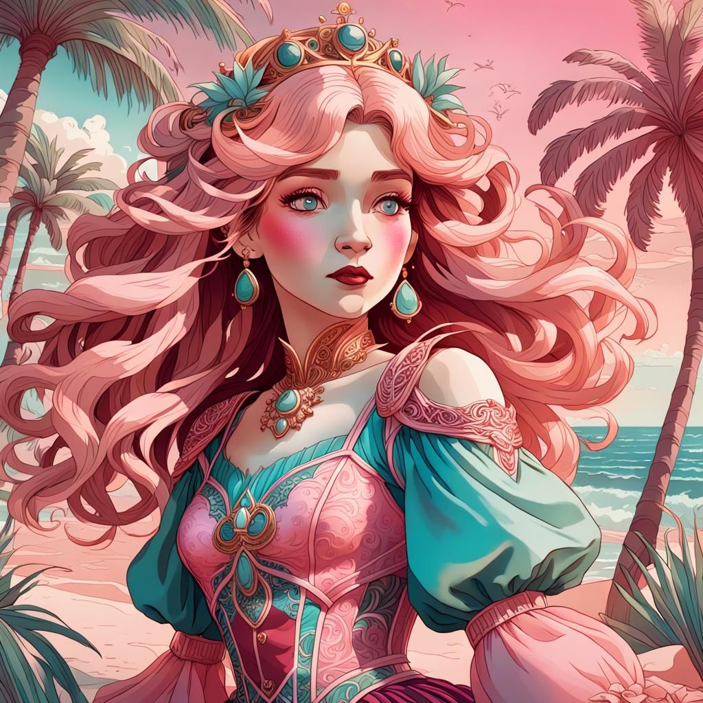 princesa Peach del juego Mario Bros, fondo de playa, viste un vestido Gótico en tonos rosas y fucsia dejando ver sus mar...