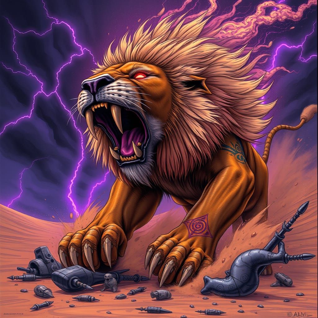 Mystical Sabertooth Lion Emerges from Sandstorm