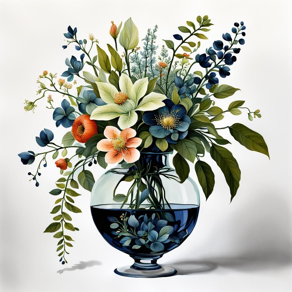 Botanical Arrangement in Glass Vase: Digital Ink Print