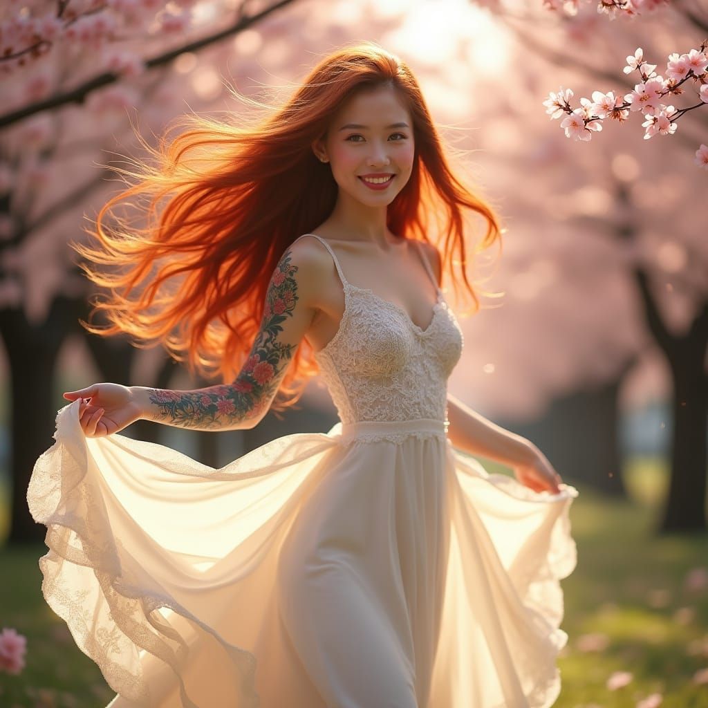 Beautiful Japanese Woman in Cherry Blossom Forest