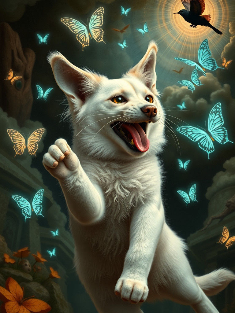 A surreal humanoid half white Persian cat half saint Bernard...