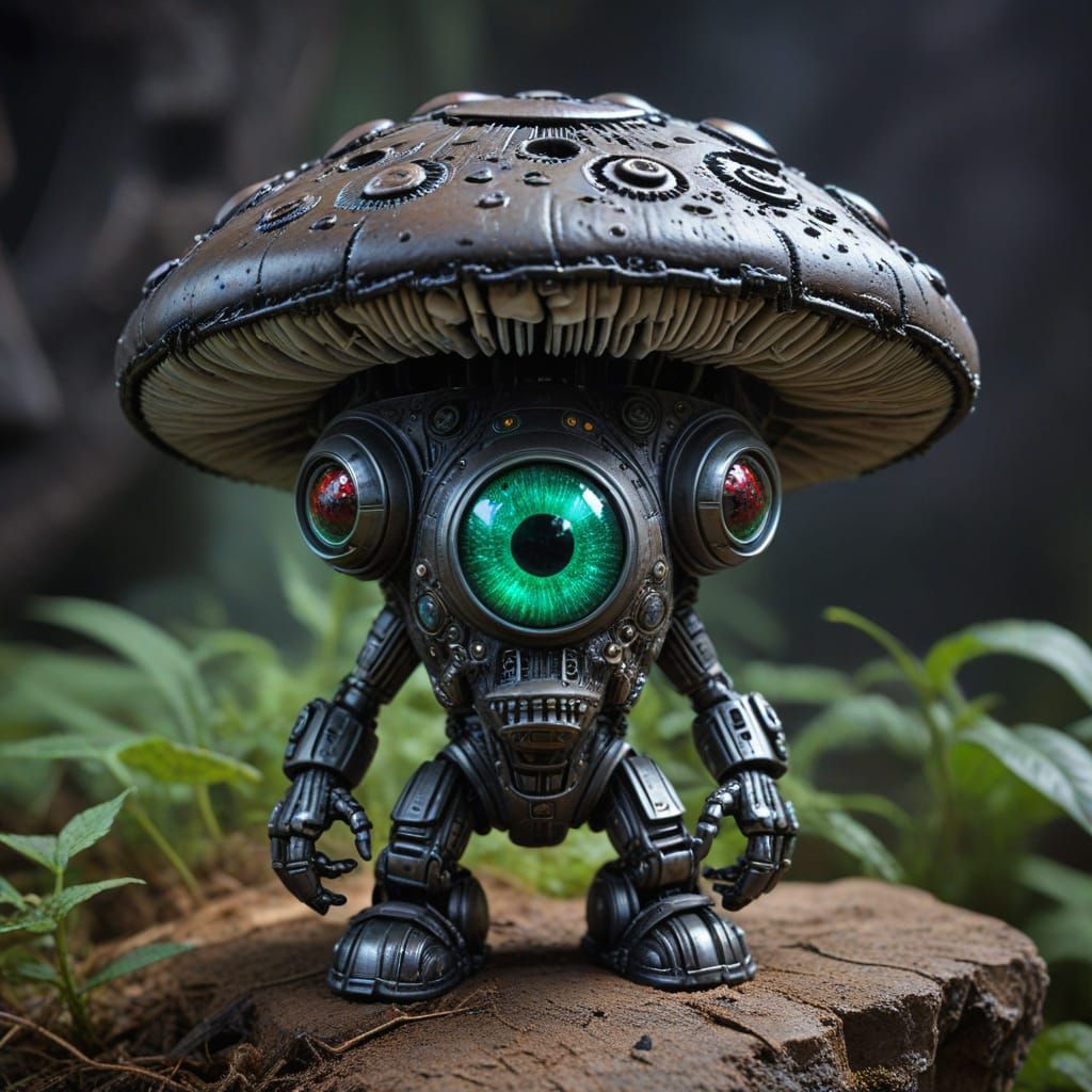 Cybernetic Mushroom Creature with Stoner Eyes