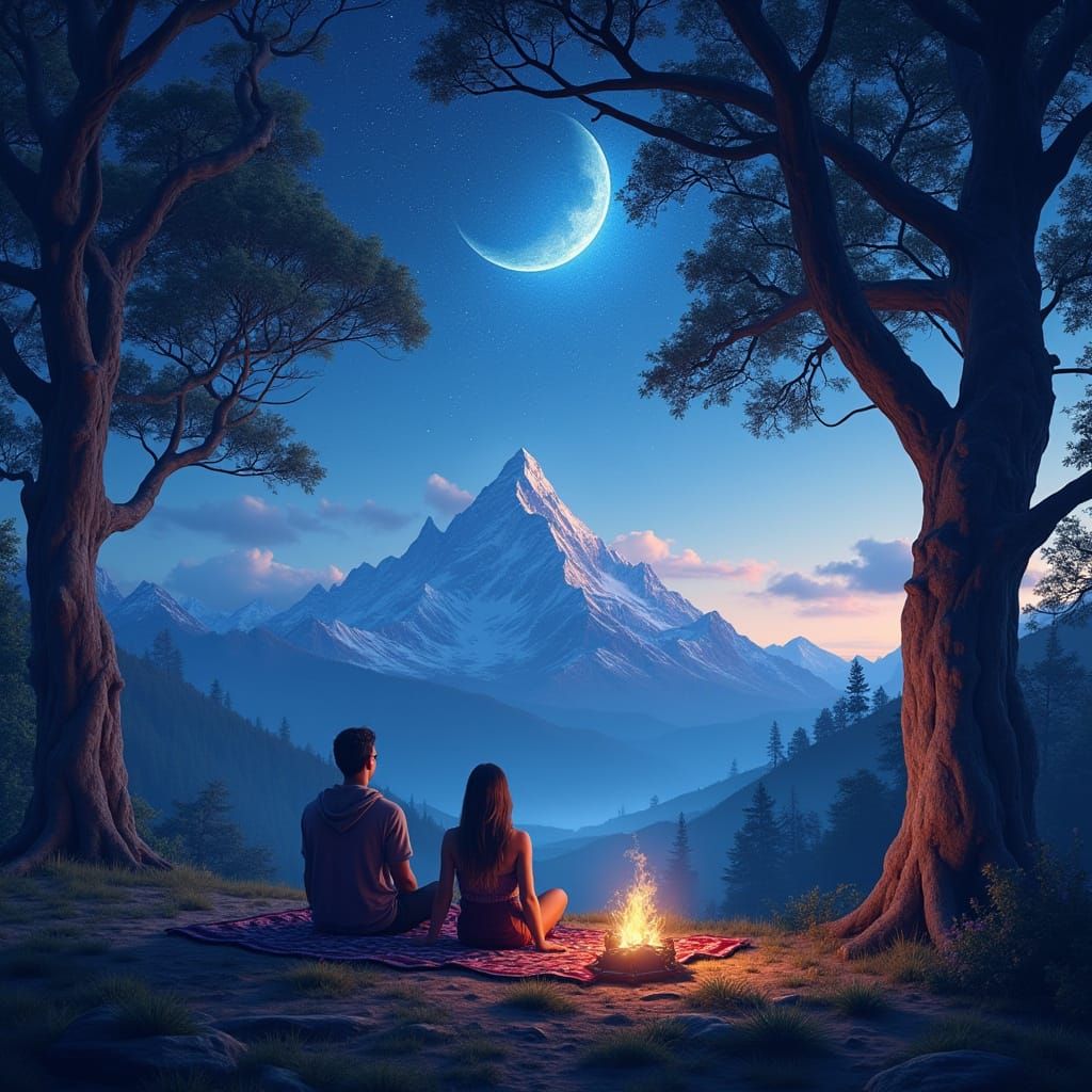 Moonlit Mountain Sanctuary in Whimsical Fantasy Style