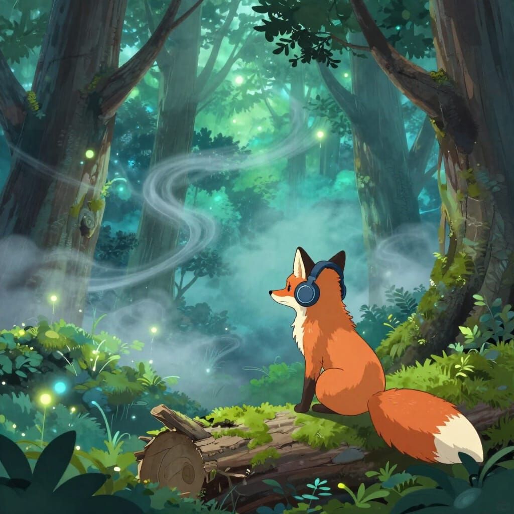Fox in Headphones in Bioluminescent Forest