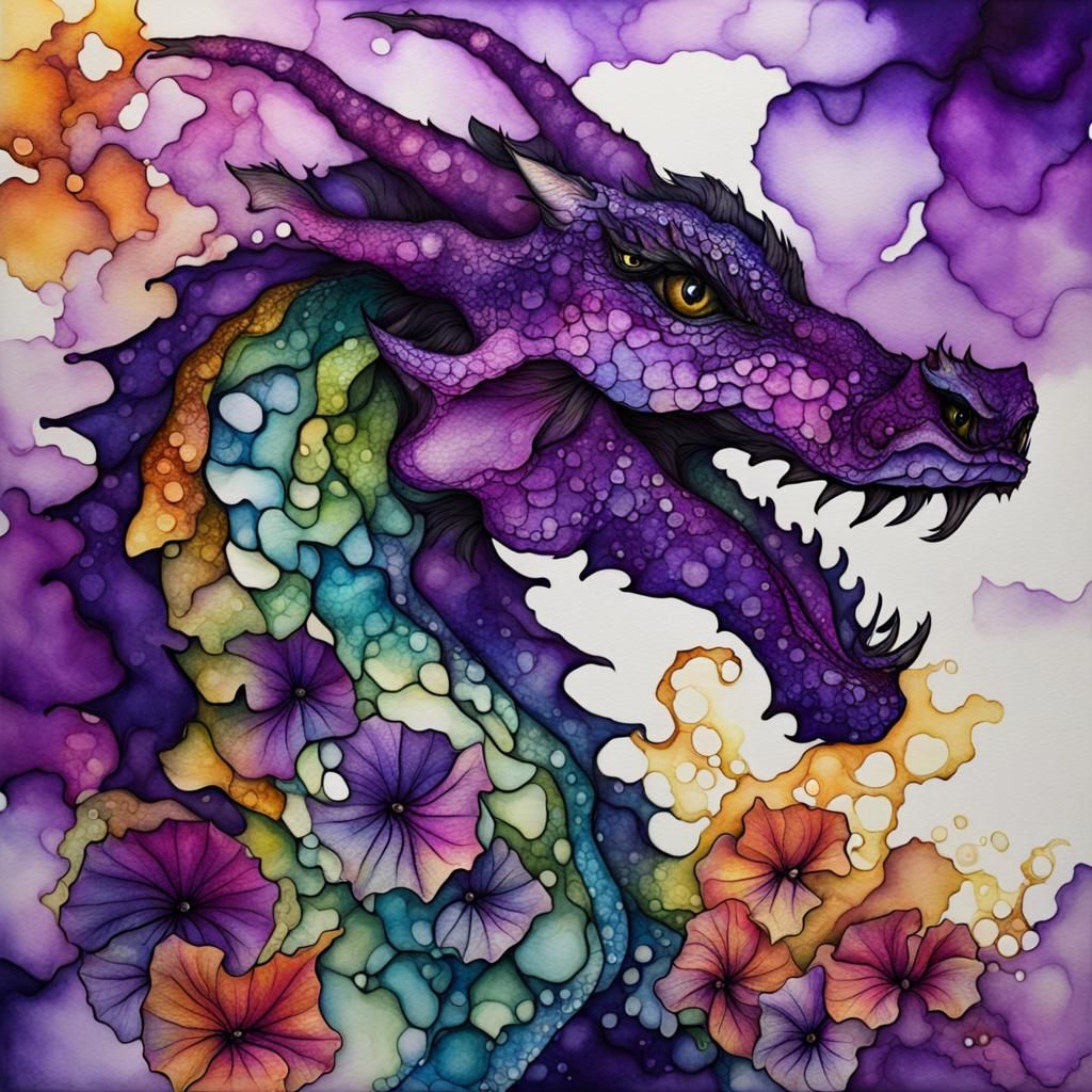 Petunias and Roaring Dragon in Alcohol Ink Style