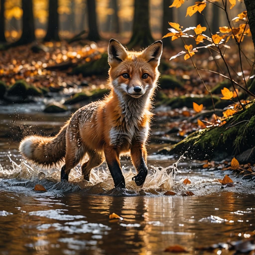 Baby Fox Splashing in River: Wildlife Photography
