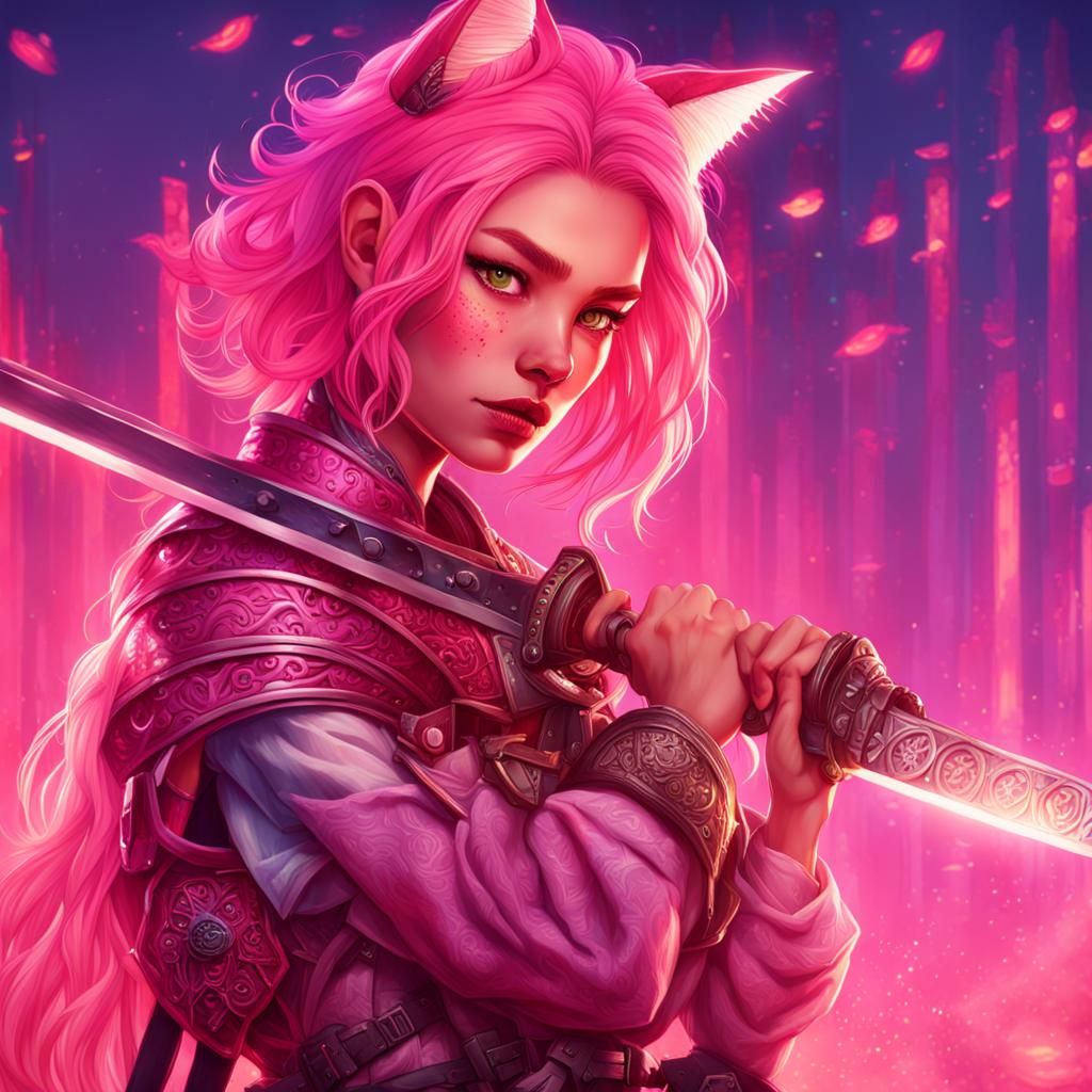 Pink-Haired Anime Girl with Katana in Pink Light