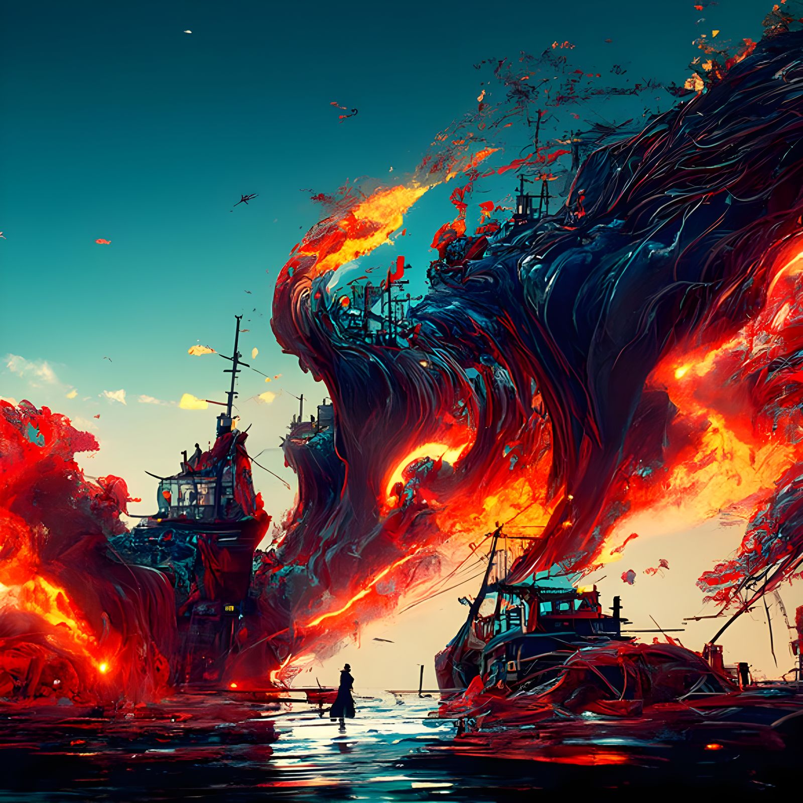 Burning Harbor Amidst Storm in Hyperrealistic Style
