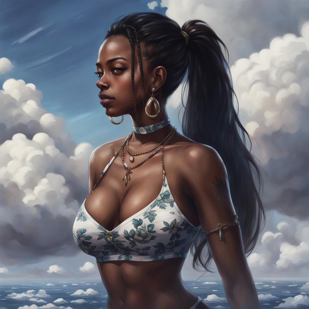 Realistic Portrait of a Dark-Skinned Woman in Bikini