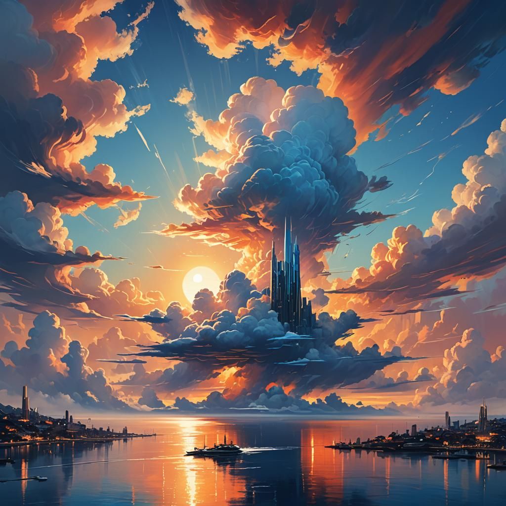 Surreal Cloud Cityscape at Sunset: Fantasy Concept Art