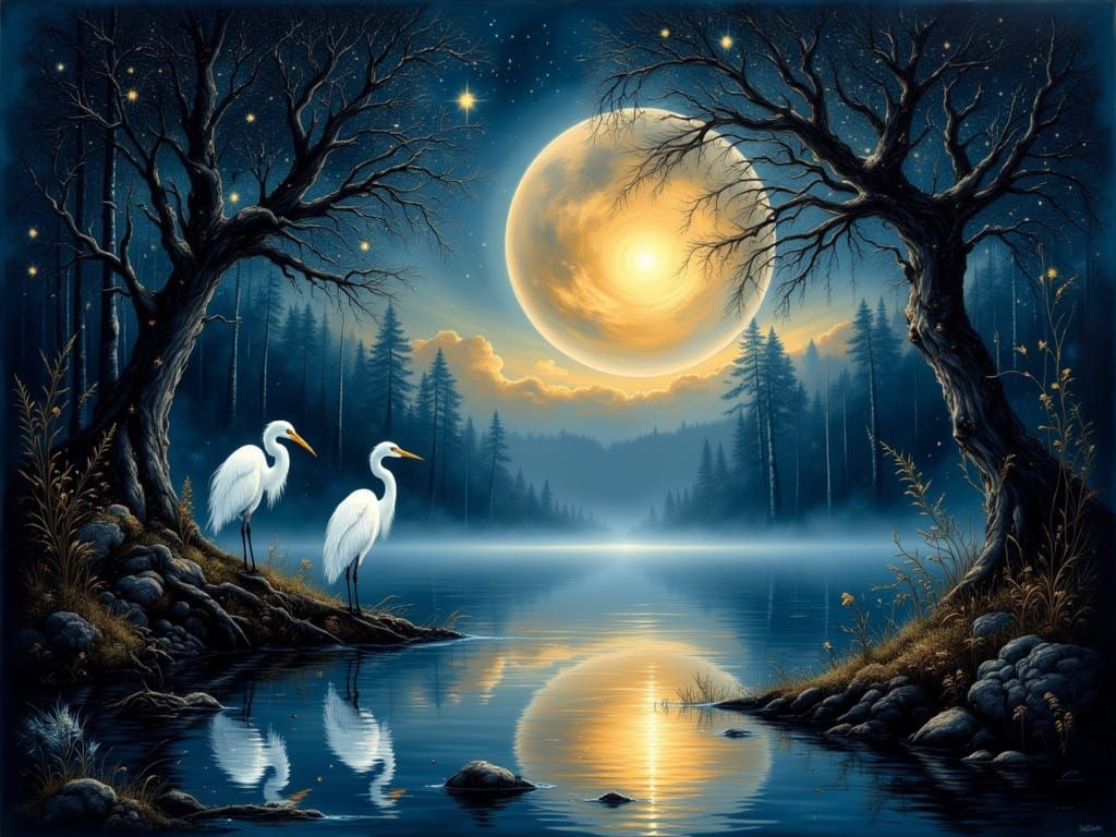 Egrets by Moonlit Water in Hyperrealistic Style