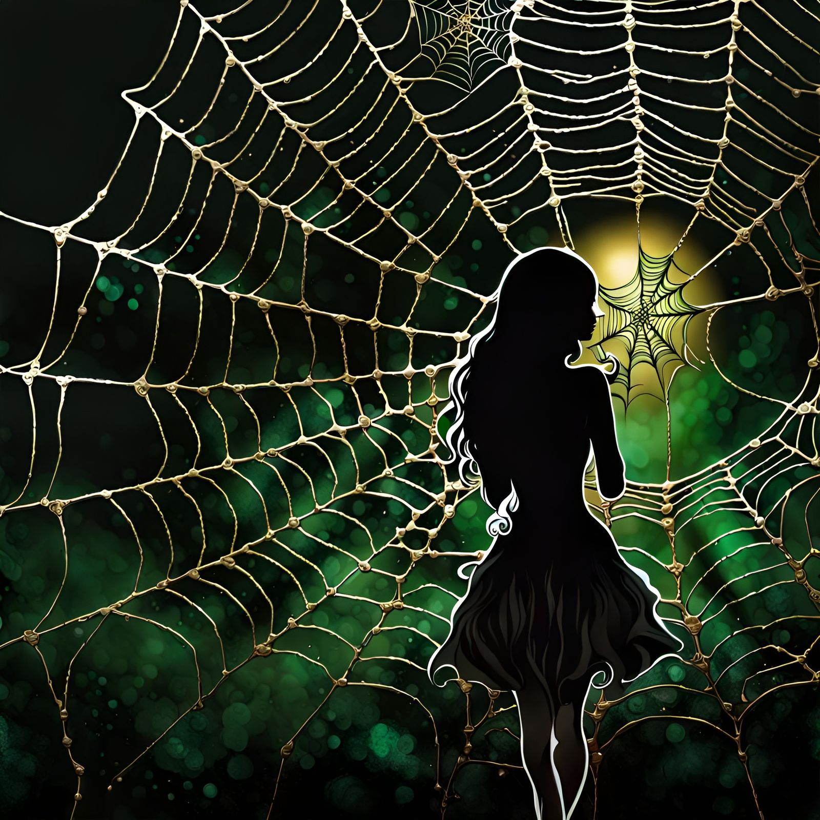 Gothic Girl in Spiderweb on Gold Marble Background