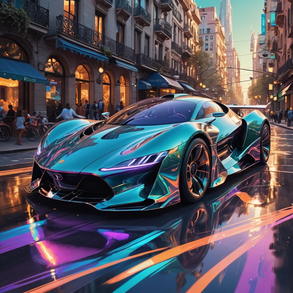 Sleek Flying Supercar Soars Through Whimsical Art Nouveau Ci...