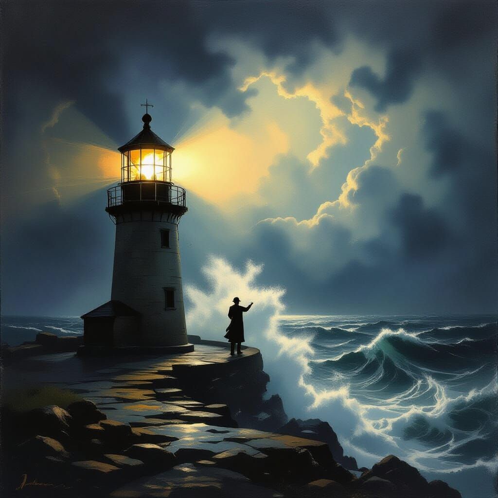 Lighthouse Keeper Tends Lamp in Stormy Sea