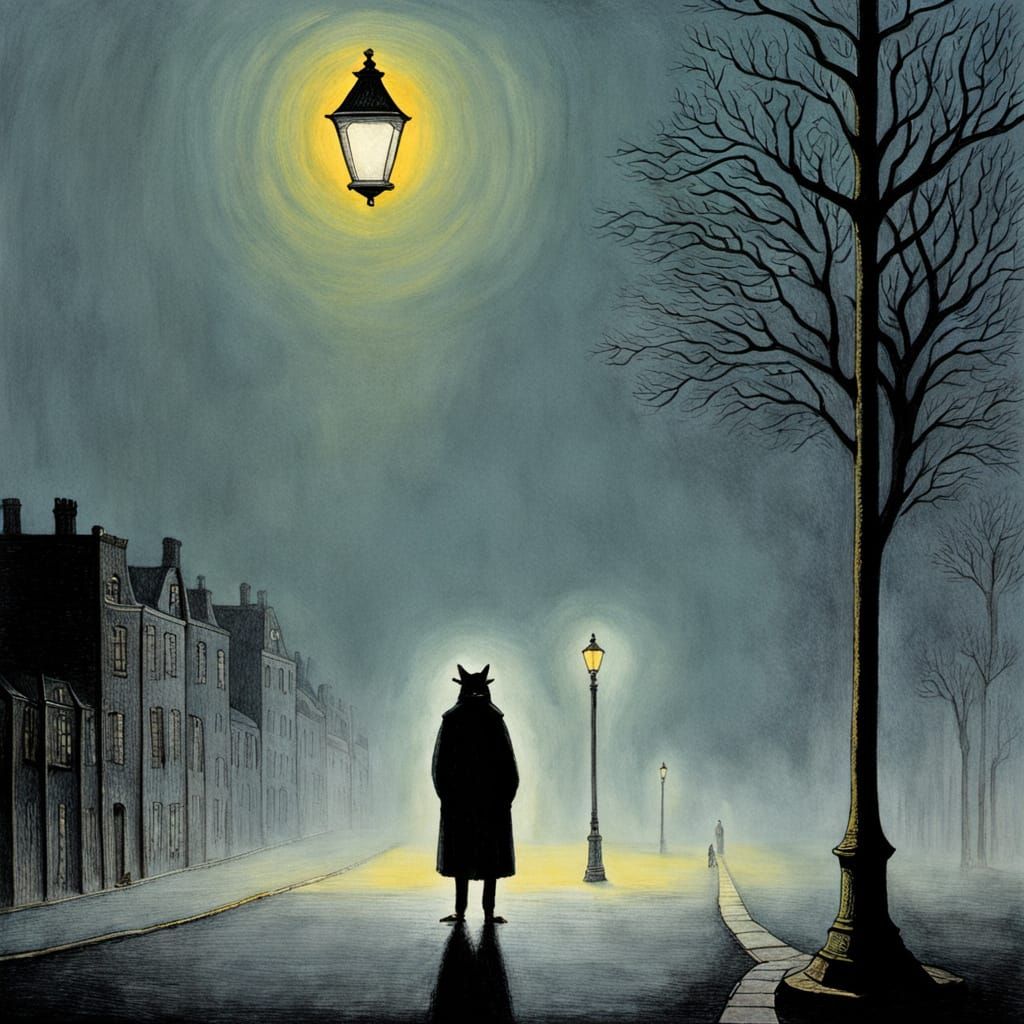 Gothic Creature in Streetlight, Edward Gorey Style