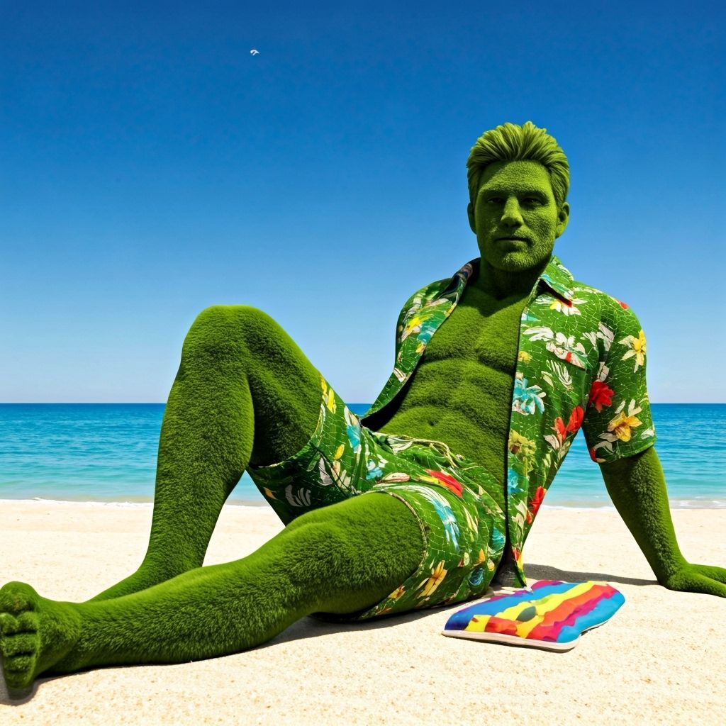 Green Grass Man Lounging on a Beach
