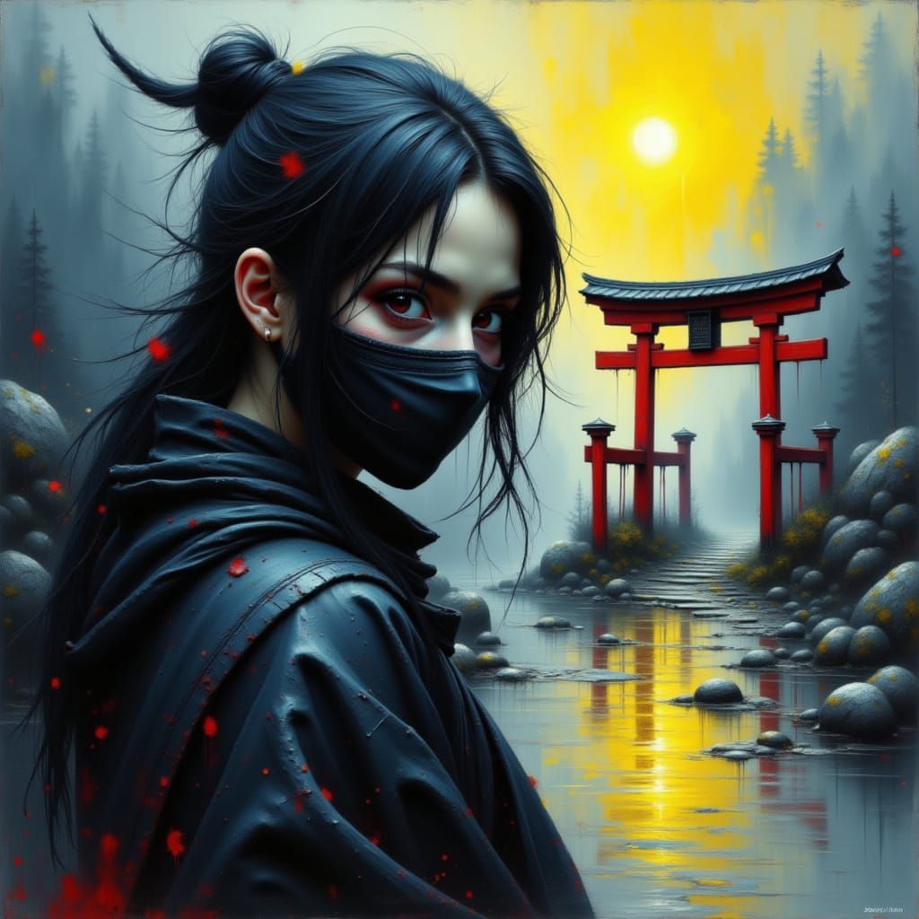 Young Masked Ninja Before Red Torii Gate