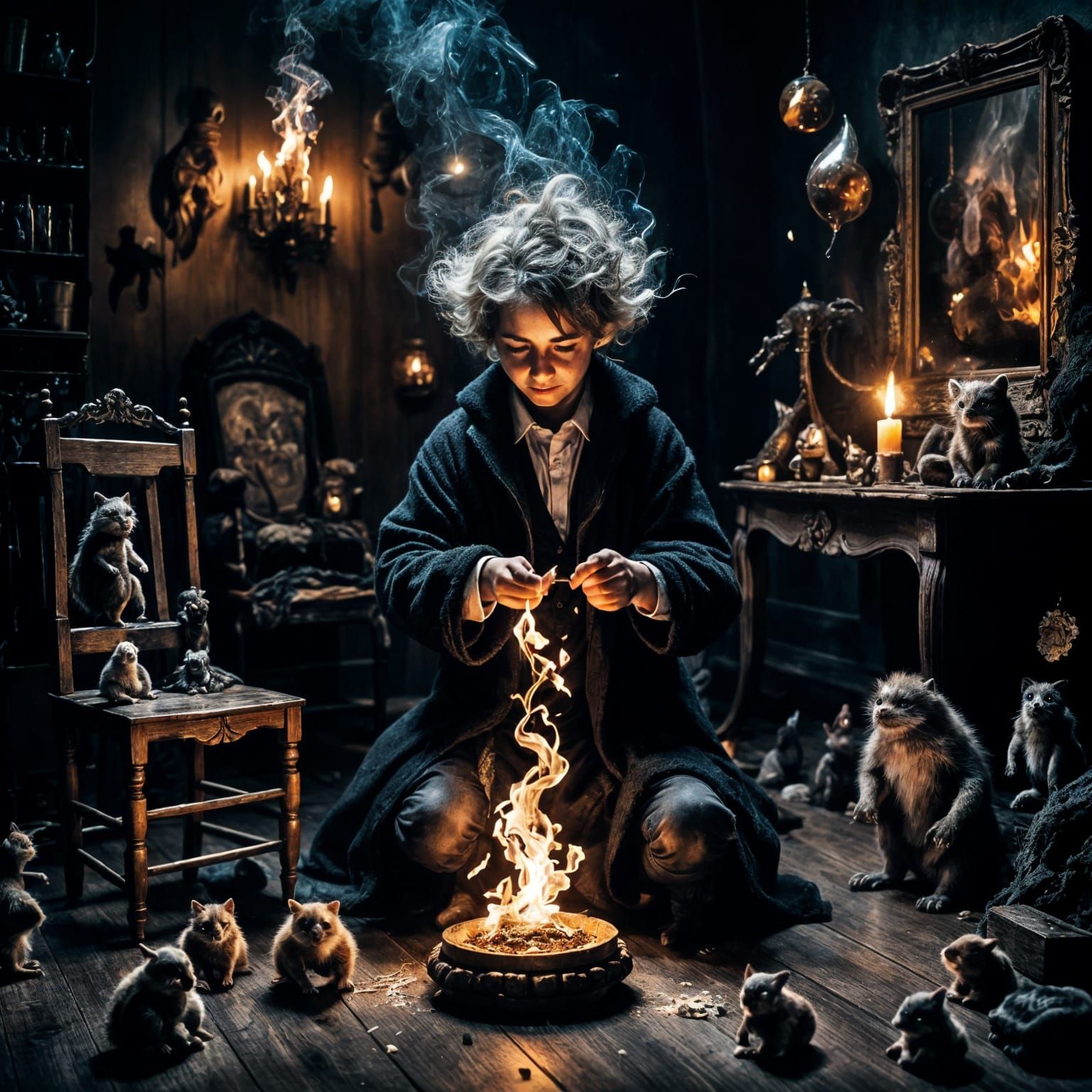 Amateur Magician Casting Fireball in Dreamlike Scene