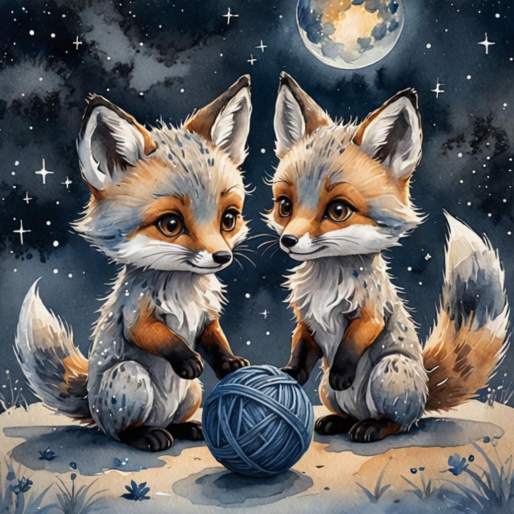 Chibi Foxes Play Under Starry Sky: Watercolor Illustration
