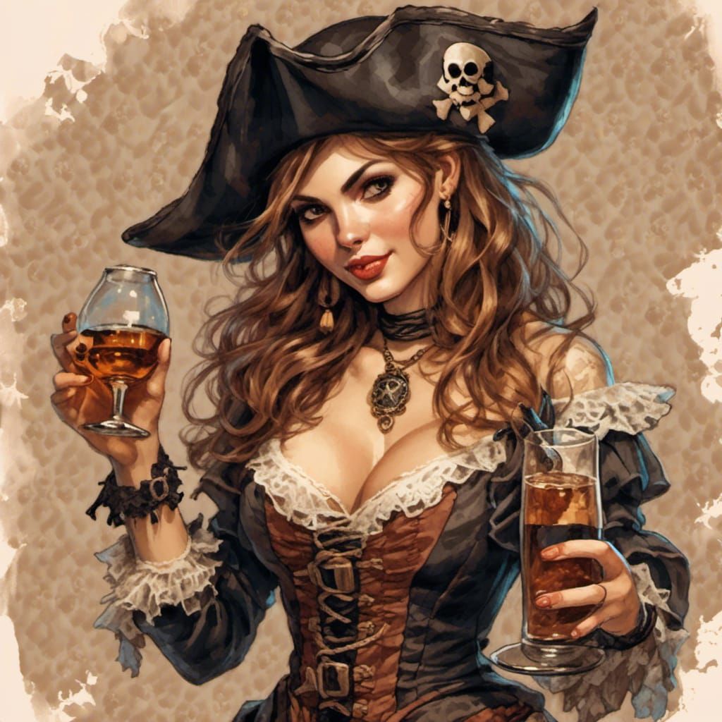 Cute Pirate Girl with Rum Bottle