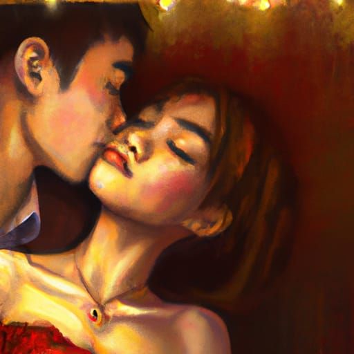 Romantic Kiss in Twilight: Hyperdetailed Oil Painting