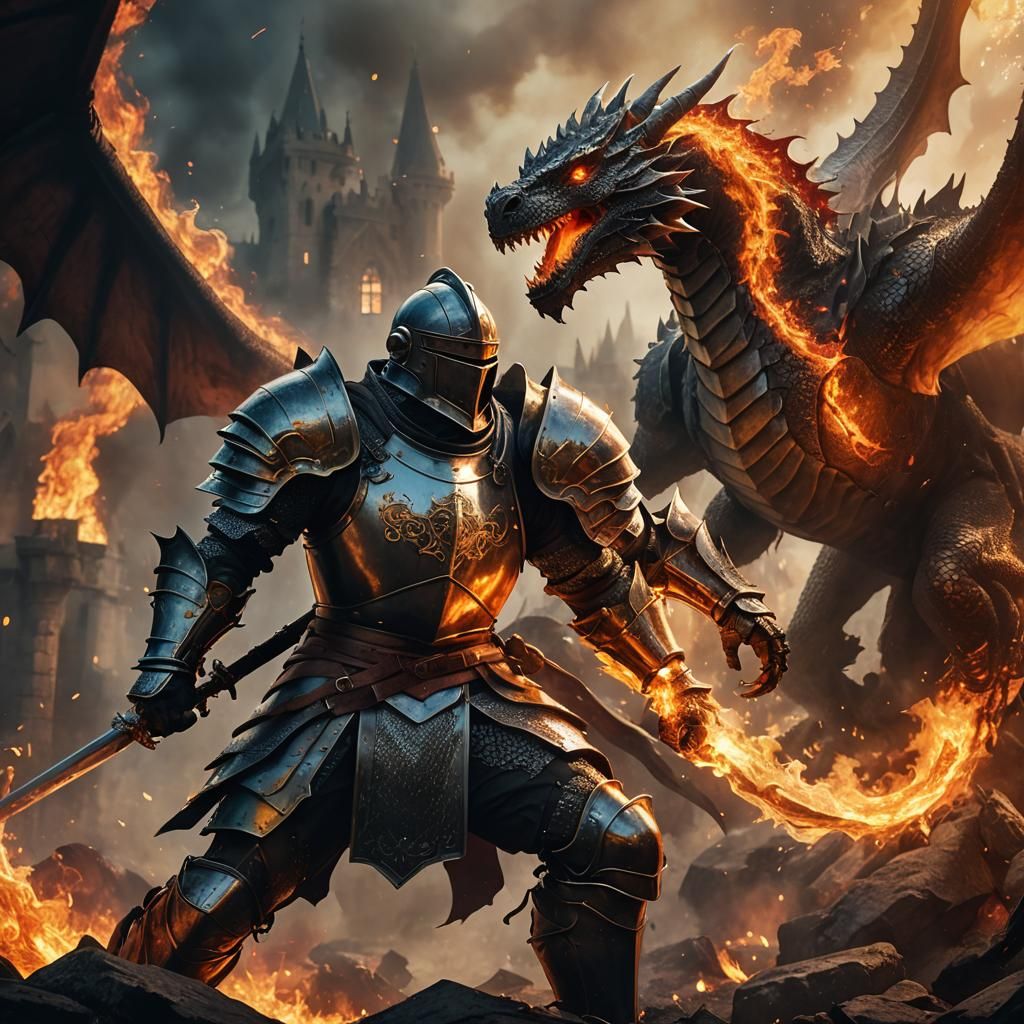 Knight and Dragon Battle in a Fiery Landscape
