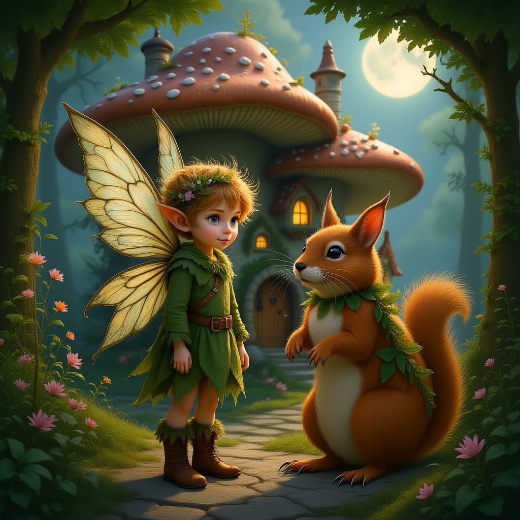 Winged Pixie and Squirrel in Whimsical Forest