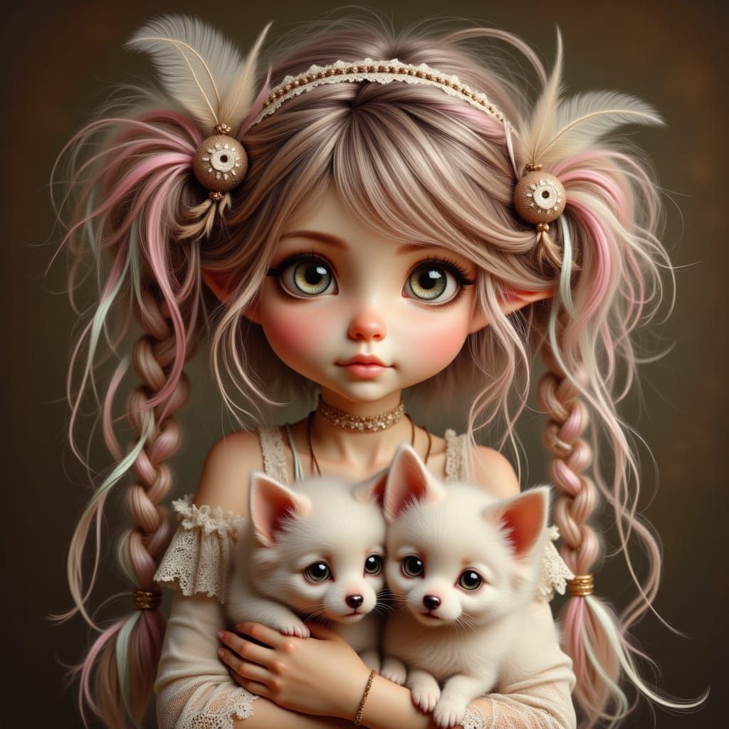 Girl with Puppies in Whimsical Style