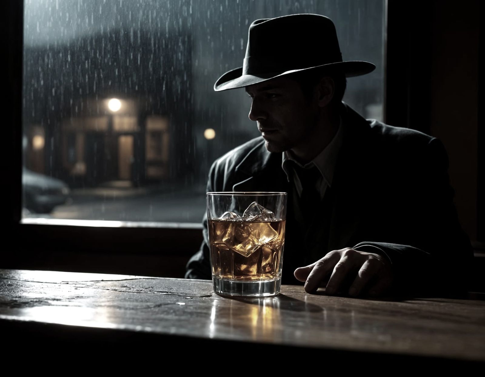Gritty Film Noir Scene in a Rainy Night Backroom Bar