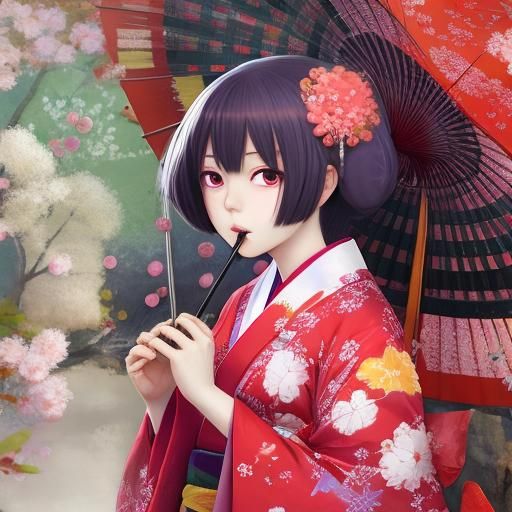Girl in Kimono Eating Dango: Anime Style
