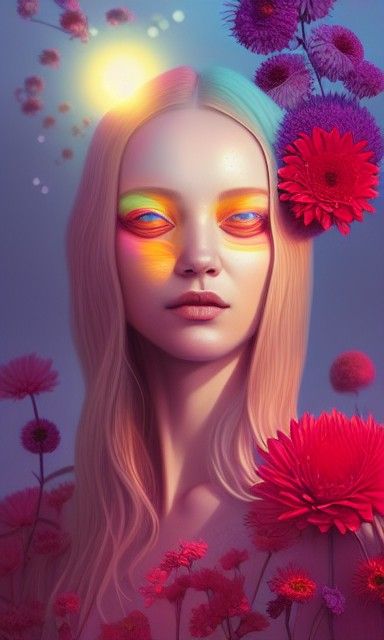 Floral Woman at Sunrise: Digital Hyperrealism
