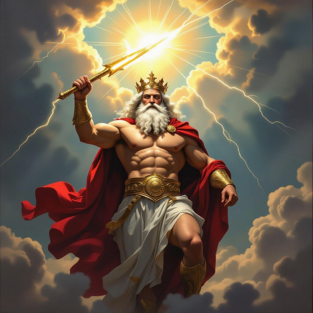 Zeus on Olympus with Lightning Bolt in Epic Painting Style