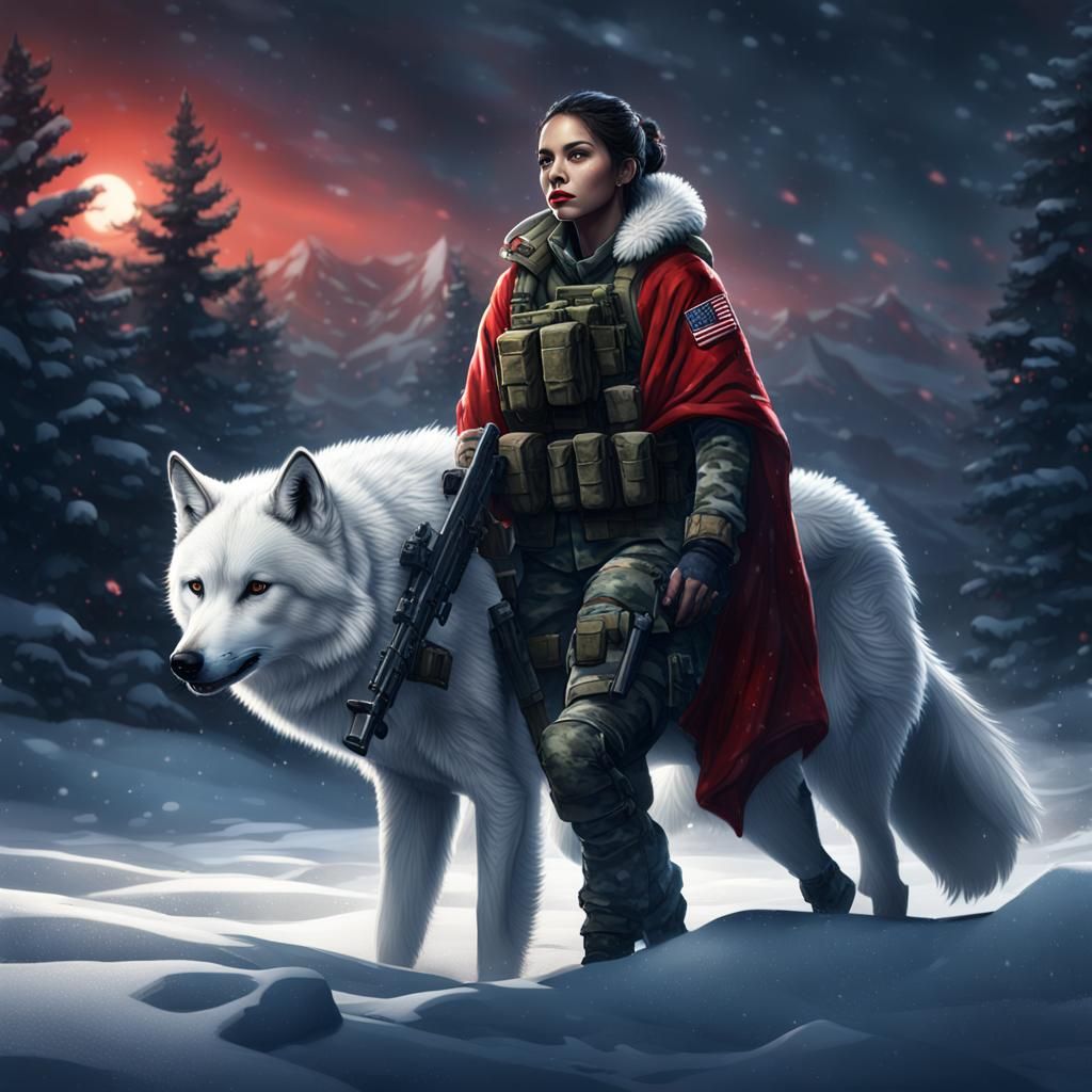 Latina Marine and White Wolf in Snowy Field