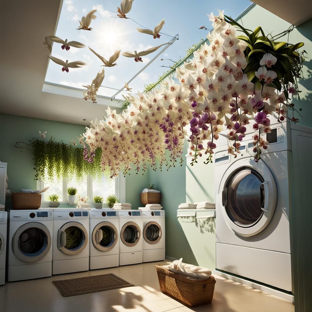 Orchid Laundry Day with Gnomes: Watercolor Art